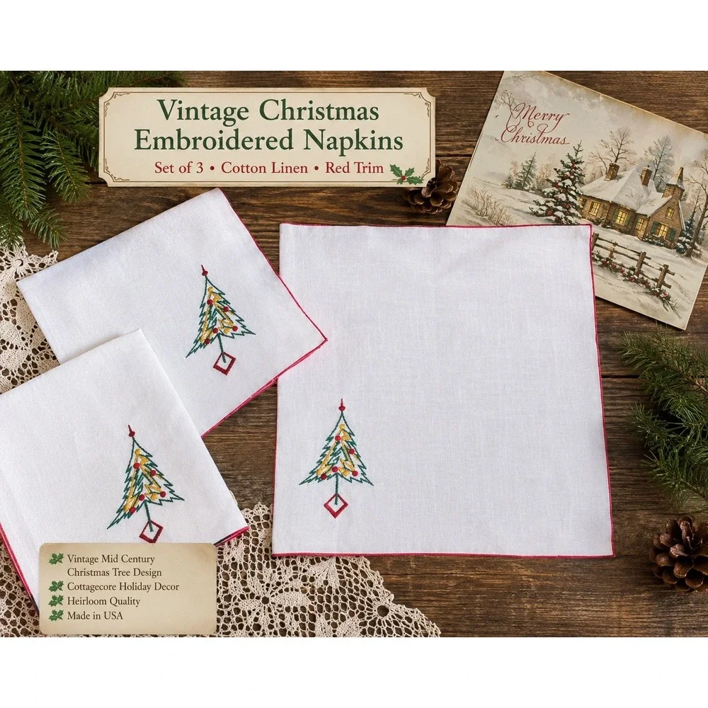 Vintage Christmas Embroidered Napkins Set of 3 Cotton Linen Red Trim MCM